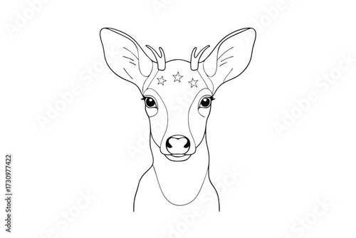 Line drawing a deer head with stars forehead animal outline