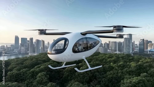 Innovative electric air taxi flying over a modern city skyline amidst lush greenery