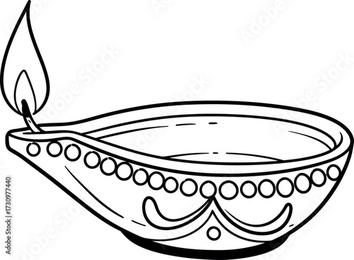 A simple line drawing of a diya lamp with a flame on a white background in a vector style. Adobe Illustrator Artwork