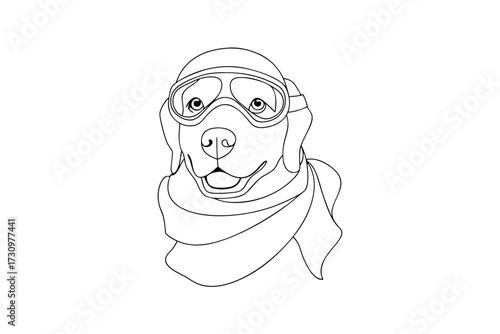 Line drawing a dog wearing aviator goggles a scarf animal canine