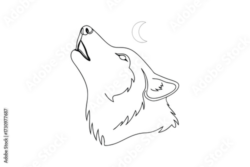 Line drawing a wolf howling at a crescent moon animal