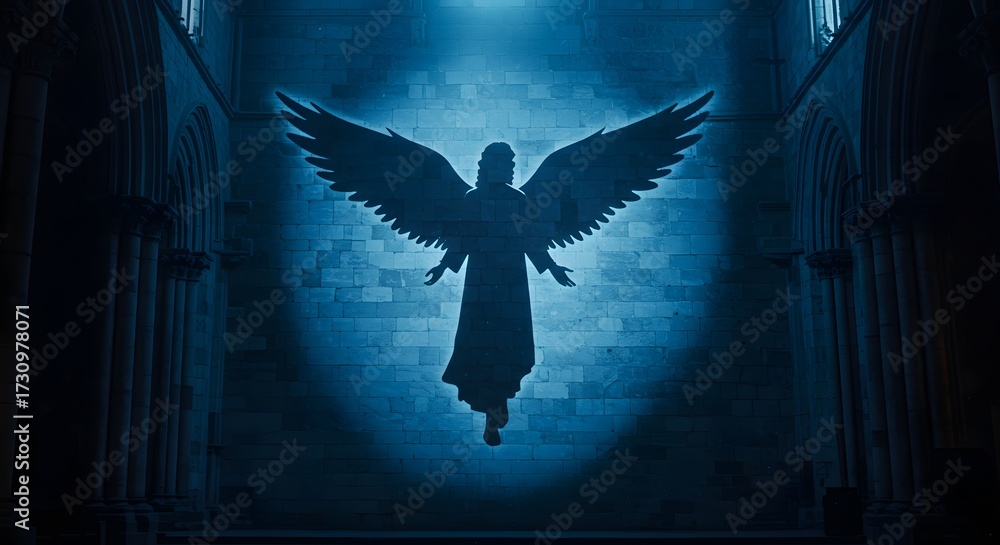 Obraz premium A Majestic Angelic Figure Appears in a Hallway Illuminated by Blue Light