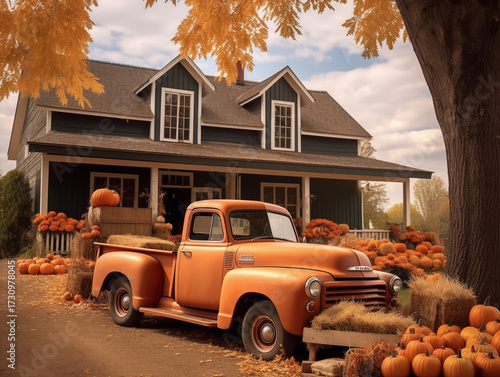 vintage orange pickup truck loaded with pumpkins and hay bales, parked in a rustic farm setting next to a wooden barn under golden autumn foliage.