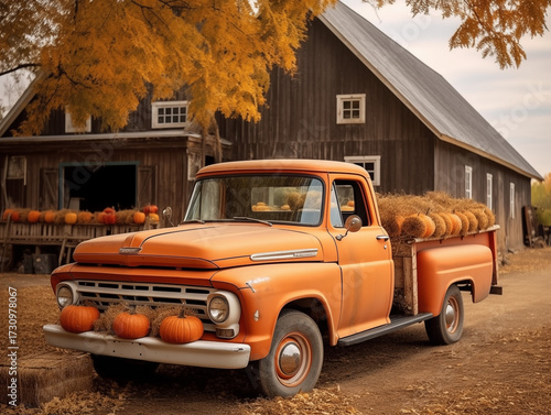 vintage orange pickup truck loaded with pumpkins and hay bales, parked in a rustic farm setting next to a wooden barn under golden autumn foliage. Autumn concept,  autumn season,  fall