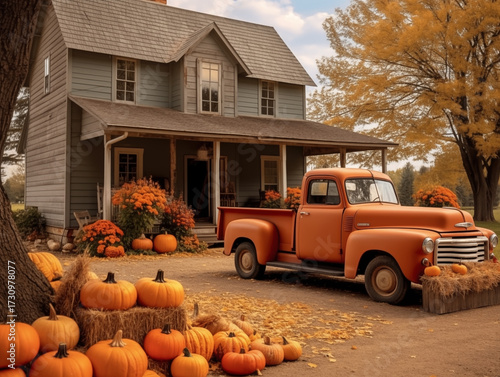 vintage orange pickup truck parked outside a traditional farmhouse, surrounded by bales of hay, blooming mums, and a massive pile of pumpkins for autumn or halloween decor. Helloween.  Autumn concept