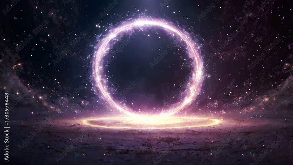 Fototapeta premium An abstract circle of glowing energy opening like a portal, surrounded by fantasy sparkles and light dust