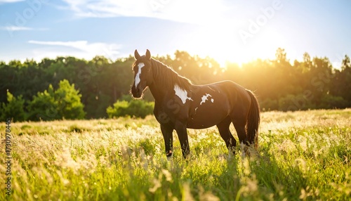 Fototapeta Naklejka Na Ścianę i Meble -  Horse in a golden meadow at sunset (1)