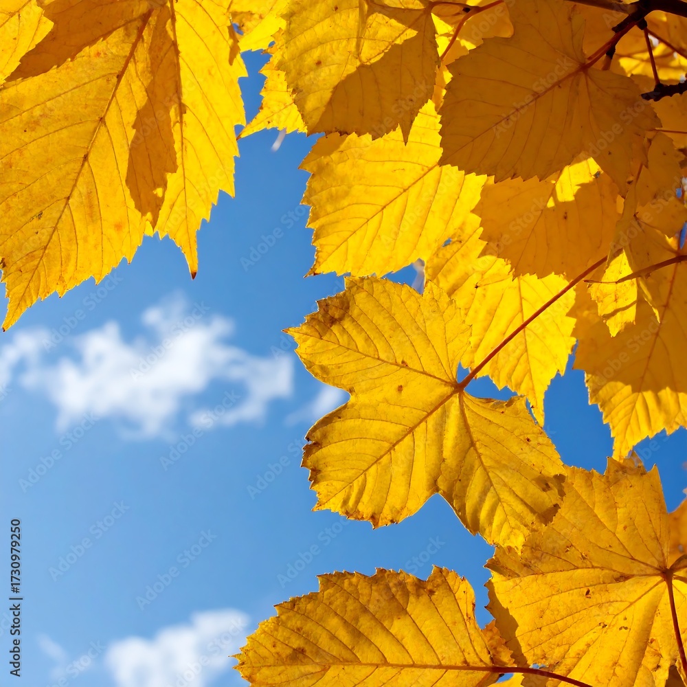 Fototapeta premium Autumn leaves against a vibrant blue sky
