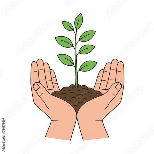 Two protective hands tenderly hold a small, green seedling emerging from fertile earth, representing hope, environmental care, and the nurturing of fresh beginnings.