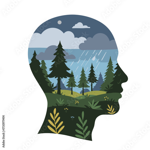 Human head silhouette frames tranquil landscape with evergreen trees, hills, and rainy sky, symbolizing introspection and environmental awareness.