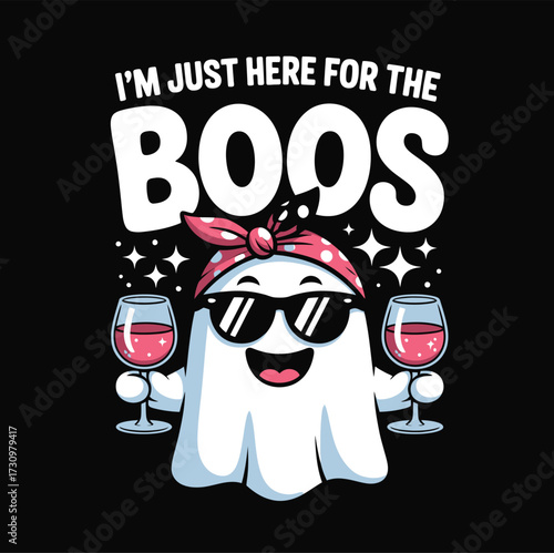 Cartoon ghost with sunglasses and bandana holding wine glasses with text on a black background