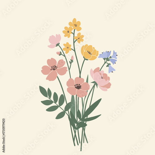 A vector illustration displays a beautiful bouquet of colorful spring flowers and green foliage, elegantly arranged on a soft, neutral background.