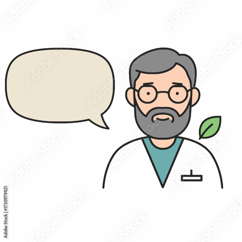 An approachable bearded male character, resembling a doctor or environmental expert, stands ready to communicate essential health or nature insights.