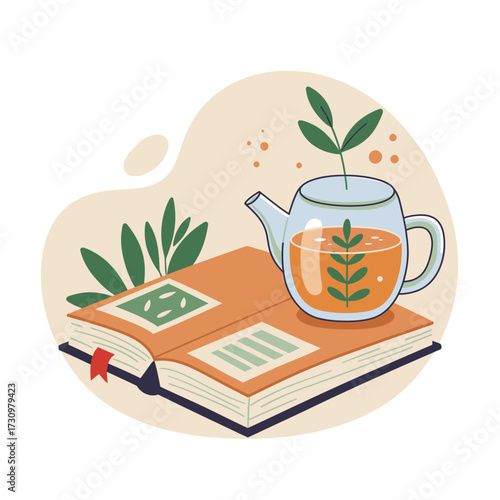 An open book with a warm herbal tea in a clear teapot creates a serene and inviting scene for quiet contemplation and mindful learning.