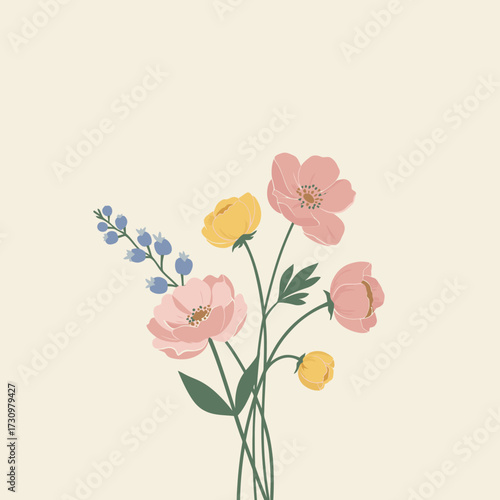 A minimalist illustration showcases a delicate bouquet of pink, yellow, and blue flowers, elegantly arranged on a serene cream background, perfect for gentle projects.