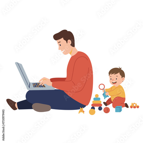 A busy father diligently works on his laptop from home, balancing professional responsibilities with the joyful presence of his playful young child.