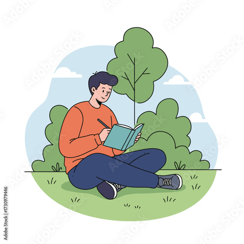 A young man sits comfortably outdoors on green grass, diligently writing or sketching in a notebook, surrounded by lush trees under a clear sky.