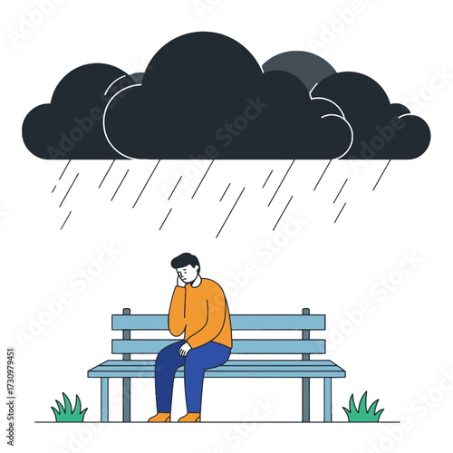 A lonely man sits dejectedly on a park bench under heavy, dark storm clouds and pouring rain, symbolizing profound sadness and emotional distress.