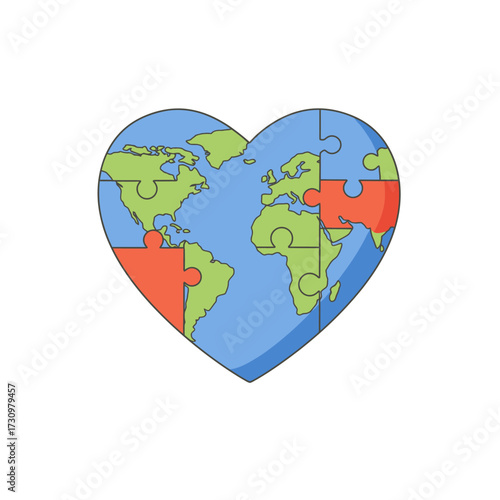 A symbolic heart-shaped puzzle featuring a world map, representing global unity, environmental care, and interconnectedness among diverse nations.
