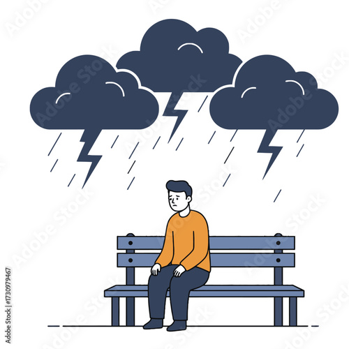 A solitary figure sits dejectedly on a park bench, burdened by dark storm clouds and relentless rain, symbolizing profound sadness and mental distress.