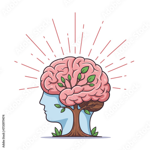 Conceptual illustration depicting a human head with a brain transforming into a vibrant tree, symbolizing growth, natural intelligence, and innovative thought.