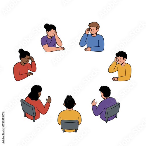 A diverse group of individuals sits in a contemplative circle, engaged in a focused discussion or active listening session, fostering understanding and collaboration.