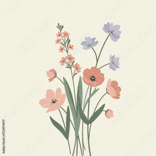 A beautifully arranged pastel floral bouquet illustration, featuring gentle blossoms and verdant foliage, perfect for elegant spring and summer designs.