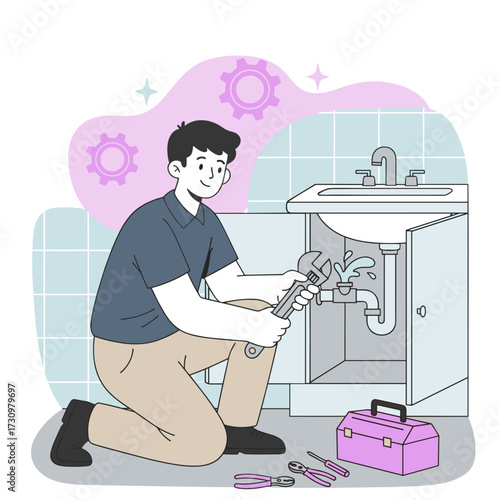 Man kneeling while repairing sink with wrench and toolbox at home  