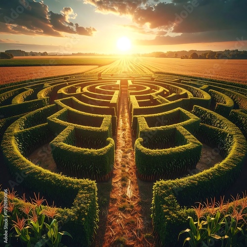 Lush green maze at sunset