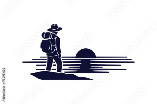Silhouette of a hiker with a backpack and hat standing by a serene ocean sunset with reflection