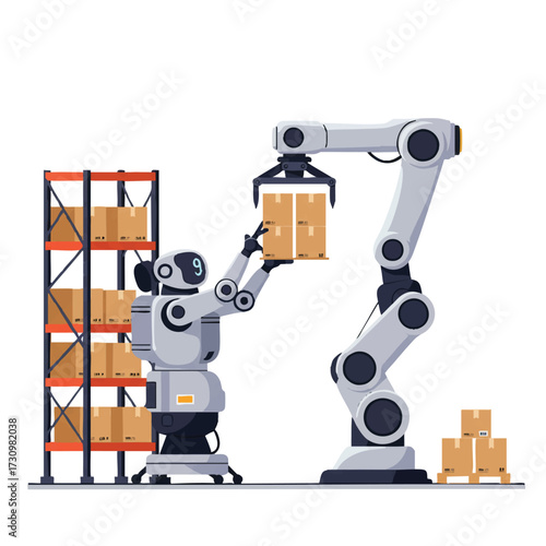 A powerful robot efficiently lifting and stacking boxes on shelves in a large automated warehouse, depicted in a vibrant 2D flat vector illustration with clean outlines.