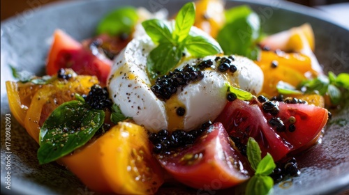Tomato Salad with Mozzarella: A vibrant and appetizing close-up of a fresh tomato salad, featuring juicy tomatoes, creamy mozzarella, fragrant basil, and a drizzle of balsamic glaze.