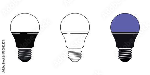  three modern light bulb icons, featuring a filled black and white version, a simple line art outline, and a colored purple lamp.