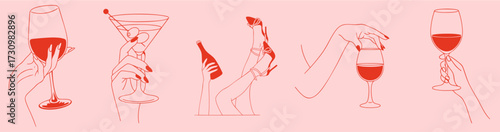 Set of female hands with wine glasses, martini, bottle and cocktails, symbols of elegance, party, flirt and celebration illustration collection