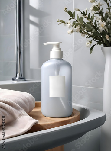 A bathroom shelf made of light brown wood, holding various items against a background of blue tileA bathroom shelf made of light brown wood, holding various items against a background of blue tile