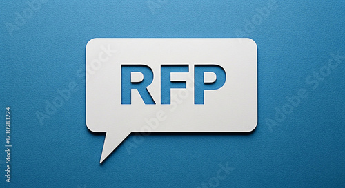 Request for proposal concept with rfp letters in a speech bubble on a blue textured background design