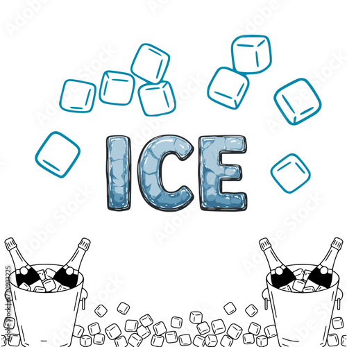 champagne bottle with gold foil - Ice cubes falling around ice word with champagne bottles in buckets  
