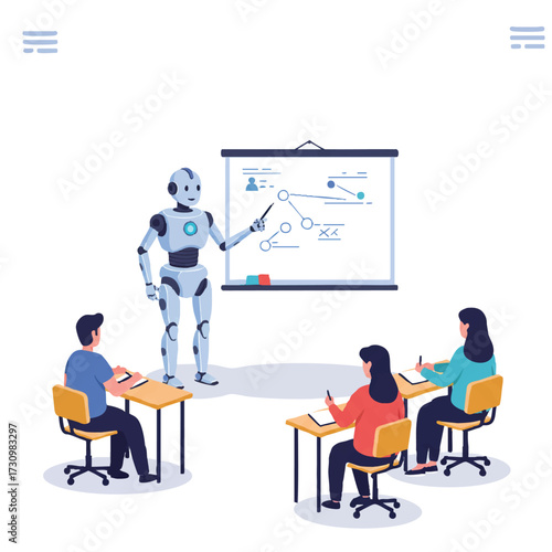 An intelligent robot teacher explains a concept to diverse human students in a modern classroom setting, depicted in a vibrant Flat 2D vector illustration with clean outlines.