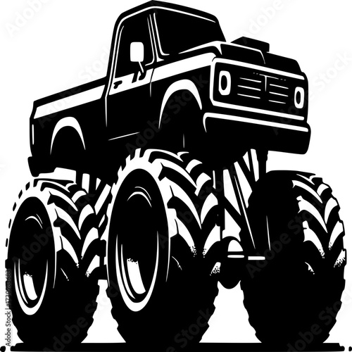 Monster Truck Silhouette: A powerful monochrome silhouette of a monstrous truck with massive tires. This is a symbol of strength, adventure, and extreme automotive performance.