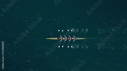 Top View A Rowing Boat Carries Four Determined Women Across Gentle Waters As They Train At Sunrise, Surrounded By The Golden Glow Of A Summer Morning In A Quiet Ocean Inlet.