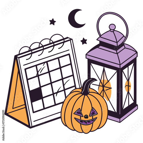 Halloween-themed “calendar/pumpkin/lanterns” vector art — clean design, well-defined vector shapes, bold colors (orange, black, purple), internal lantern lighting (subtle glow effect).