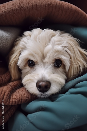 adorable maltese or small fluffy dog with big dark eyes snuggled under a pile of cozy knitted blankets or sweaters in shades of brown and teal, a warm portrait. Autumn concept,  autumn season 