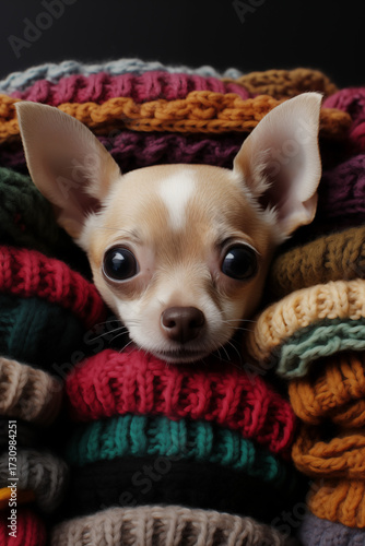 ​adorable chihuahua or small puppy peeking out with big eyes from a pile of colorful, warm knitted hats or scarves, a cozy autumn or winter portrait. Autumn concept,  autumn season,  fall 