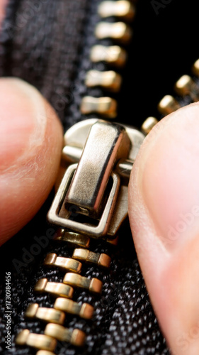 Hand zipping golden zipper on black jacket during garment repair work