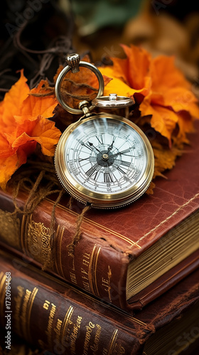 vintage pocket watch with compass-like face and ring handle resting on a stack of worn leather books, surrounded by vibrant orange autumn leaves, symbolizing time and history