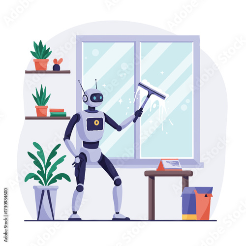 A diligent multi-limbed service robot efficiently cleans a living room window with a squeegee, showcasing futuristic domestic assistance in a vibrant 2D flat vector illustration.