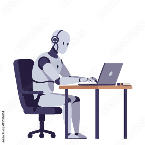 A focused humanoid robot diligently types on a laptop at an office desk in a vibrant flat 2D vector illustration, an open notebook resting nearby on a clean white background, showcasing technology.