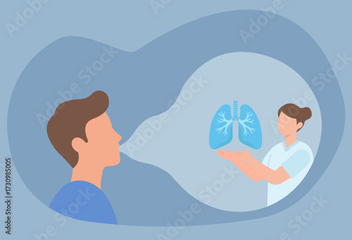 A doctor explains lung health and respiratory care to a patient. This illustration visualizes medical consultation and the importance of healthy breathing