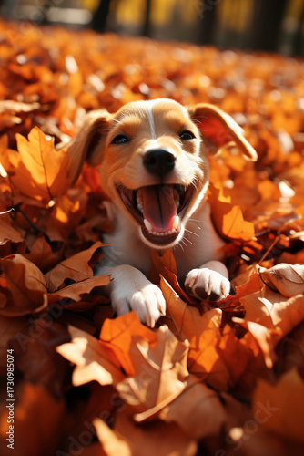 extremely happy and playful jack russell terrier or beagle puppy lying in a huge pile of vibrant orange and brown autumn leaves with its mouth wide open, smiling. Autumn concept,  autumn season,  fall