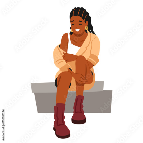 Trendy fashion African American girl cartoon teenager character wearing stylish outfit laughing